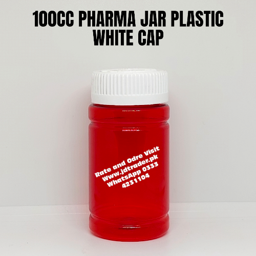 WHITE CAP 100CC RED PHARMA JAR PLASTIC
