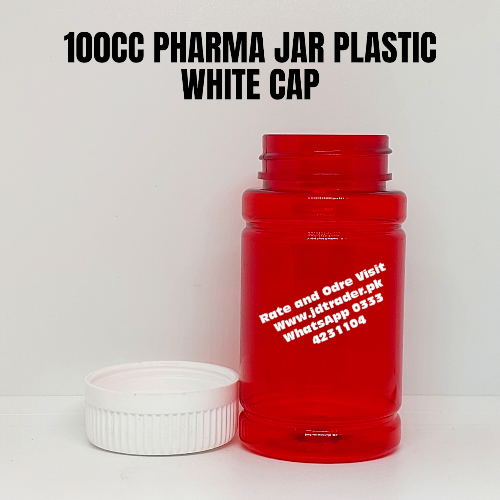 WHITE CAP 100CC RED PHARMA JAR PLASTIC