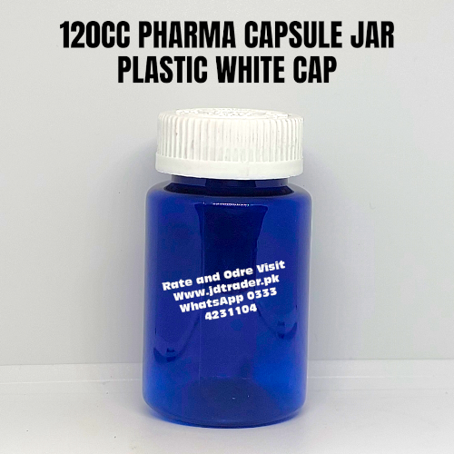 WHITE CAP 120CC BLUE PHARMA JAR PLASTIC