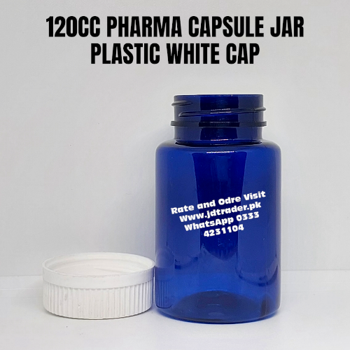WHITE CAP 120CC BLUE PHARMA JAR PLASTIC